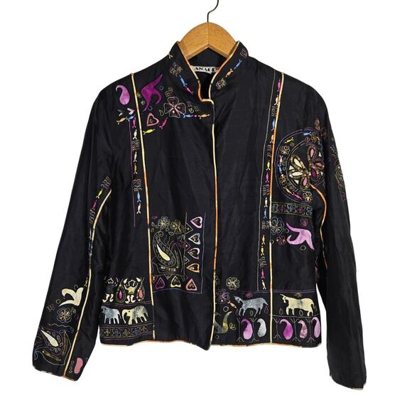Vtg AnageToo Silk Embroidered Jacket Medium Hippie Bohemian Unique Witchy India - Picture 1 of 8